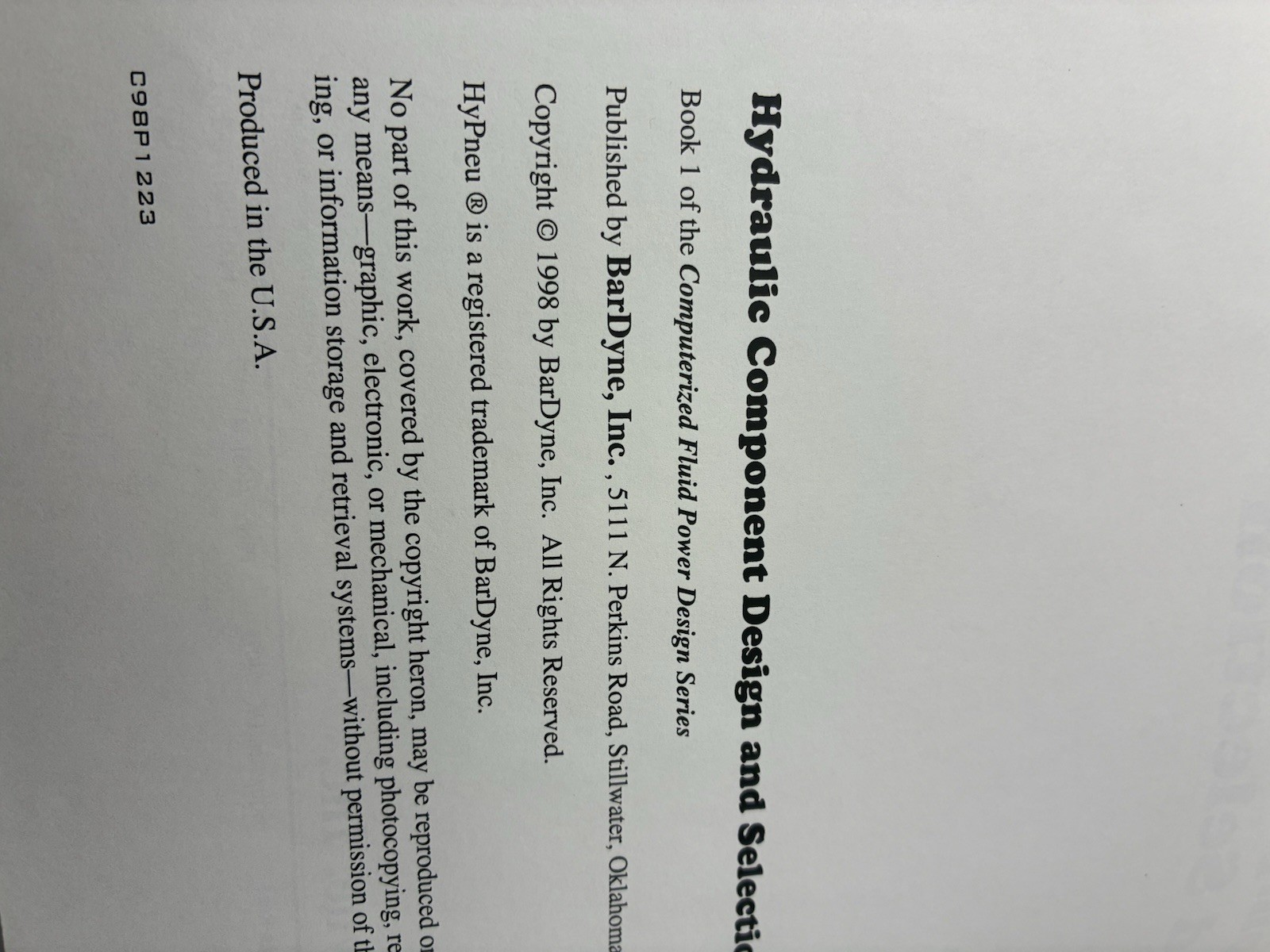 Hydraulic Component Design & Selection Fitch Hong BarDyne Books 1998 – Book 1