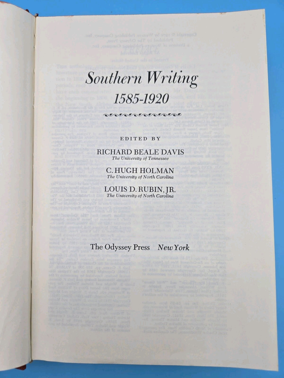 Southern Writing 1585 to 1920 Davis Holman Rubin Hardback