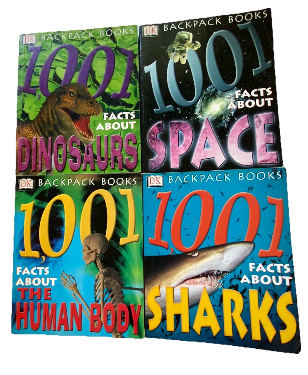 Lot of 4 Backpack Books 1001 Facts about Space, Human Body, Sharks, Dinosaurs
