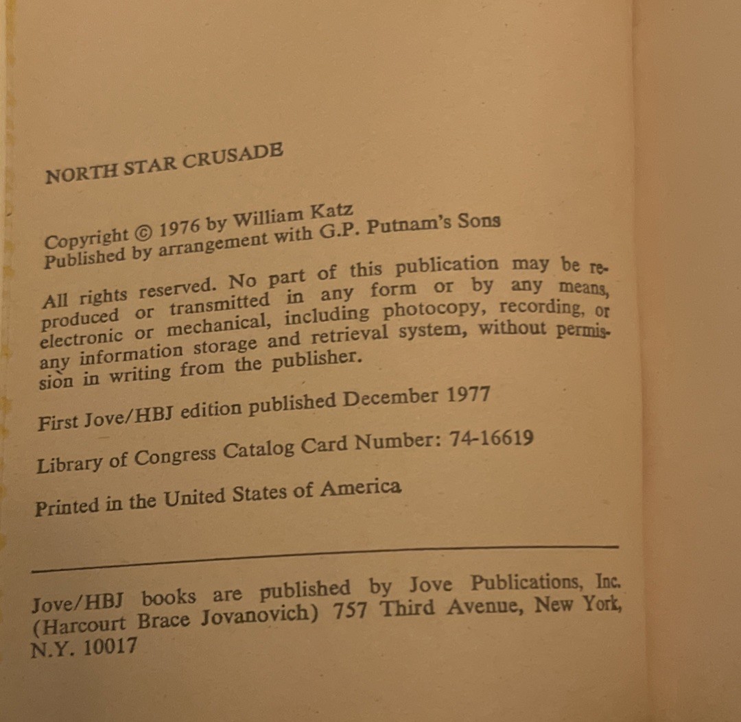 NORTH STAR CRUSADE By William Katz Paperback Jove Book 1st Edition 1976-77