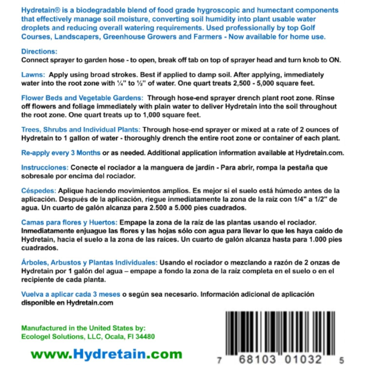 Hydretain Root Zone Moisture Manager – Eco-Friendly 32 Oz for Gardens & Lawns