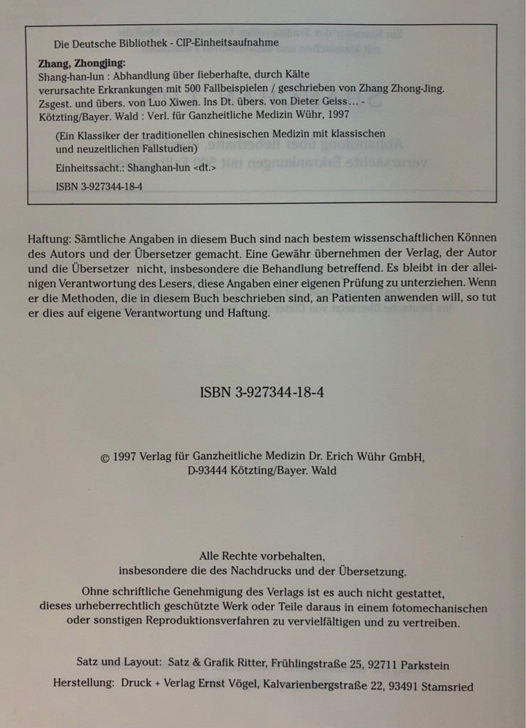 Shang Han Lun: Abhandlung über fieberhafte, durch Kälte verursachte Erkrankungen