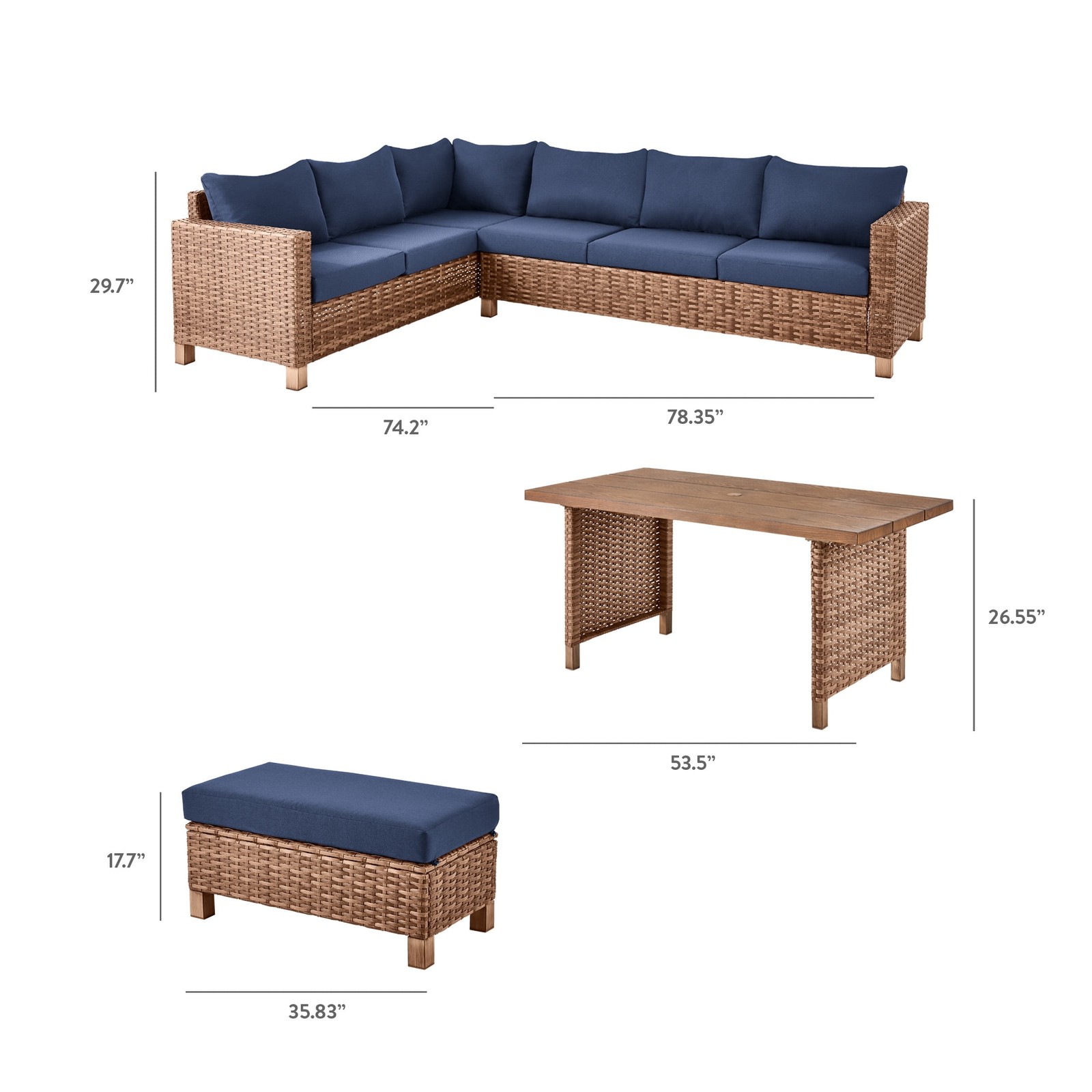 Brookbury 4-Piece Wicker Patio Sectional Dining Set with Navy Cushions