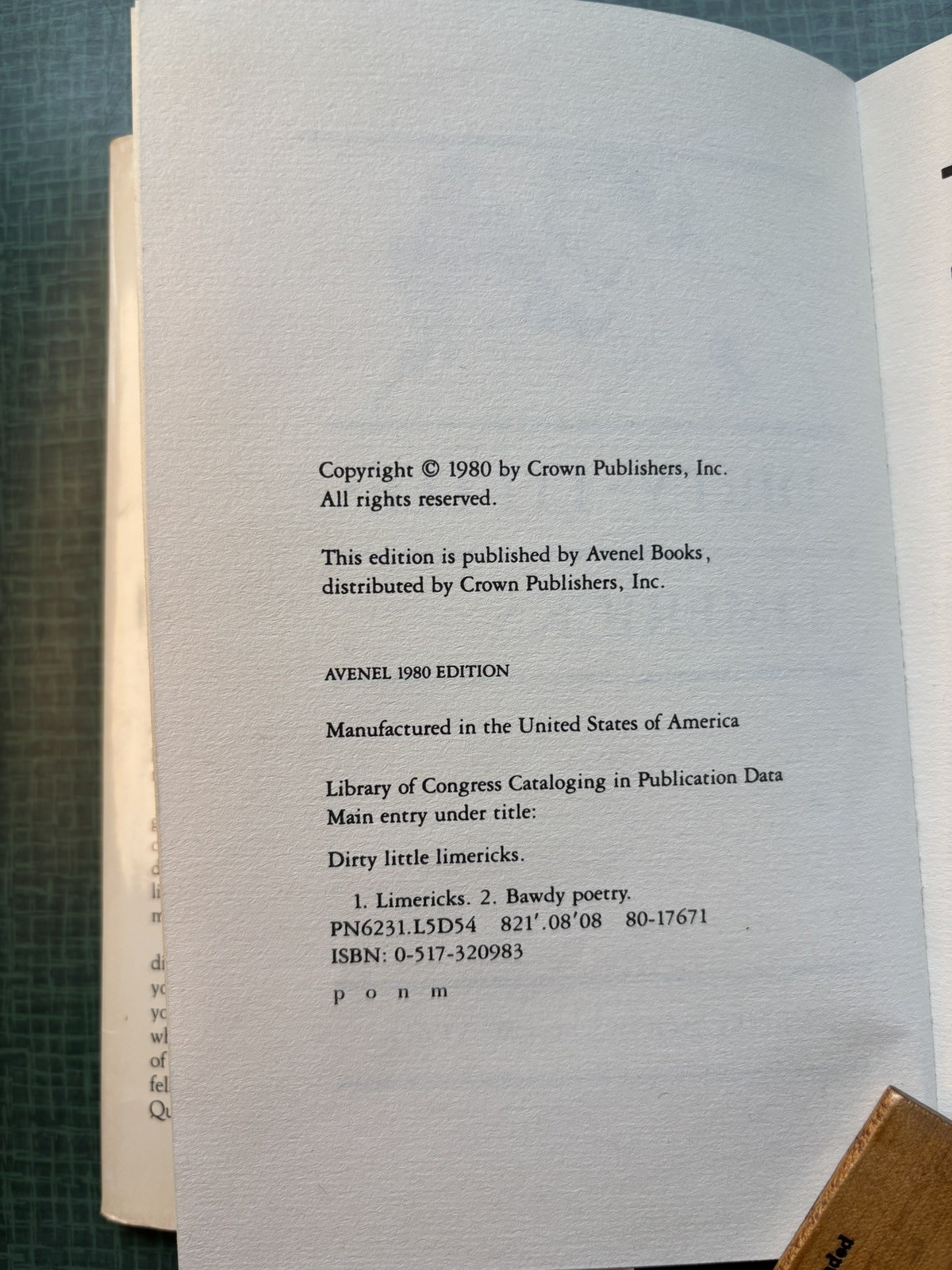 Dirty Little Limericks ~ Avenel Books (1980 Humor Poetry, Hardcover w/ DJ)
