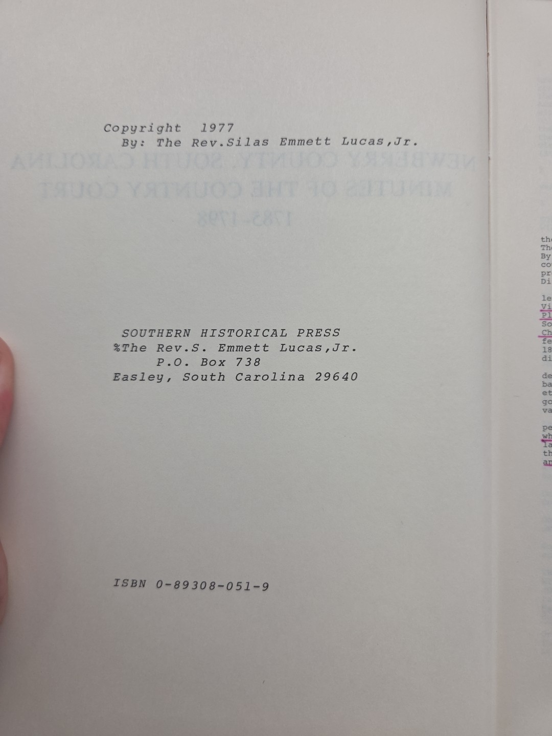 NEWBERRY COUNTY, S.C. MINUTES OF THE COUNTY COURT, 1785-1798 – HOLCOMB, HC, 1977