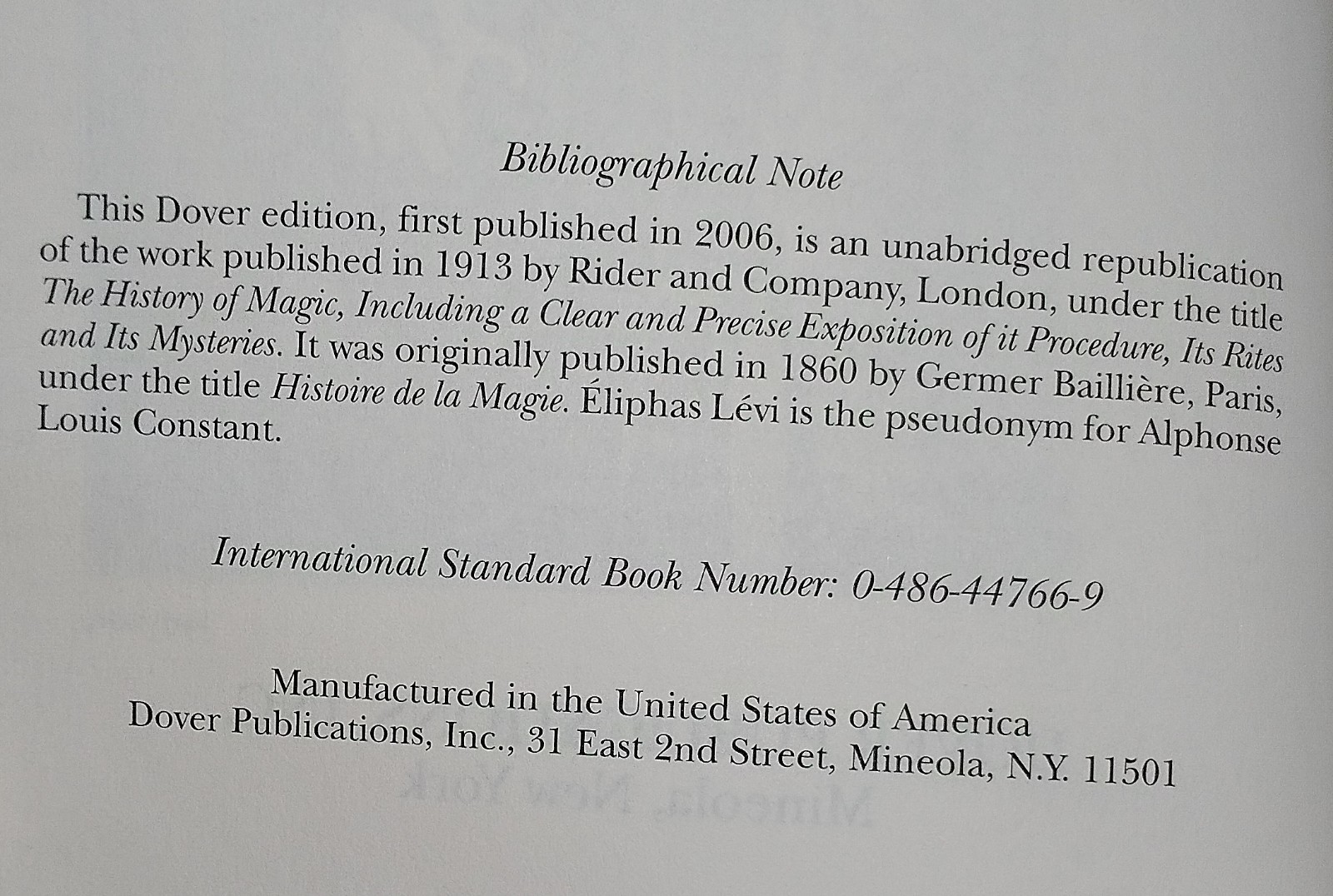 Magic A History of Its Rites Rituals and Mysteries Levi Dover 2006 PB