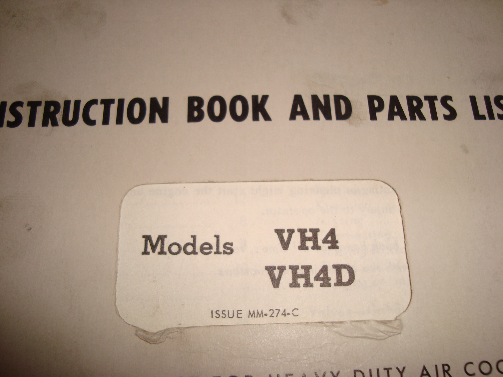 Wisconsin Air Cooled Heavy Duty Engines Instruction Book Parts List VH4 MM-274-C