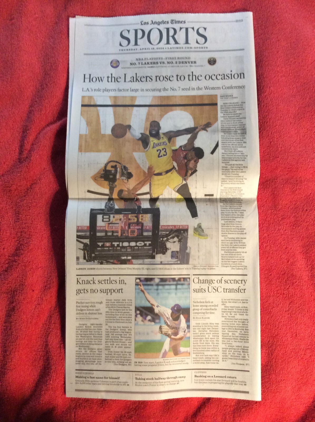 LA TIMES SPORTS SECTION APRIL 18 2024 LEBRON JAMES ANTHONY DAVIS LAKERS