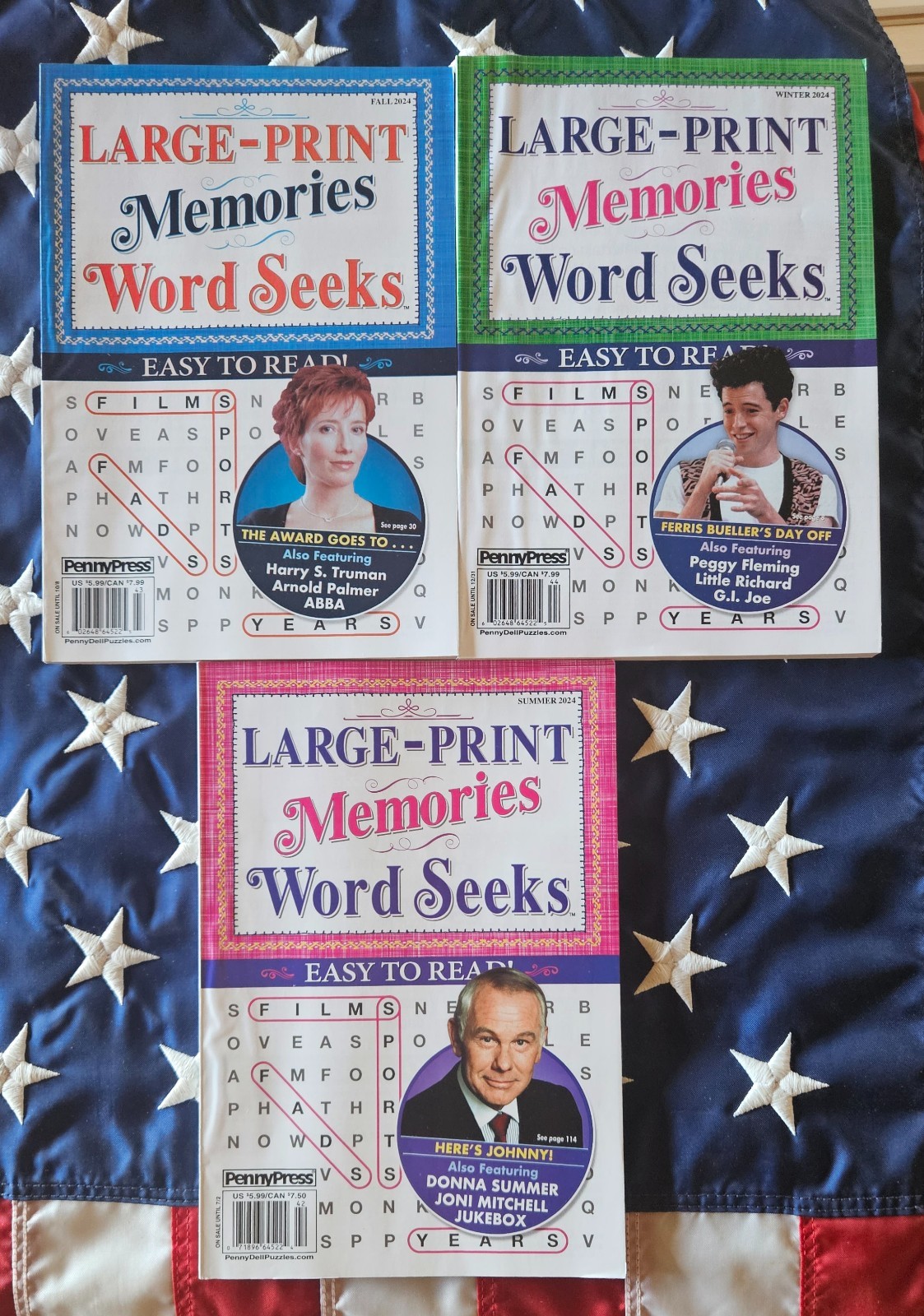 Lot 3 Penny Press Dell LARGE PRINT Memories Word Search Seek Movie Celebrity a3