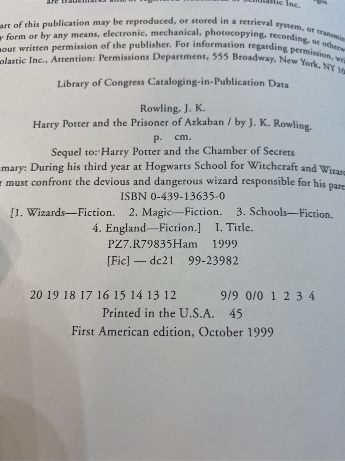 Harry Potter and the Prisoner of Azkaban TRUE 1st American Edition 1st Print HC