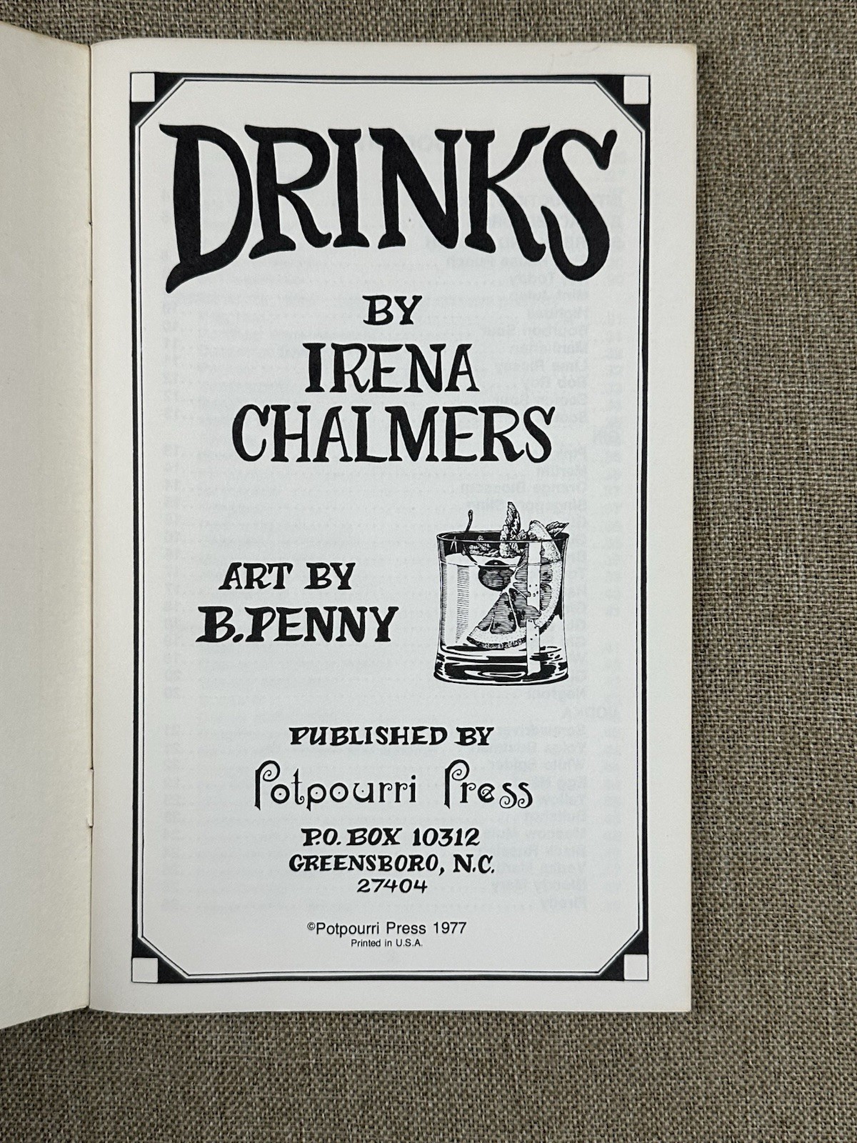 Vintage Drinks Booklet Irena Chalmers Potpourri Press 1977