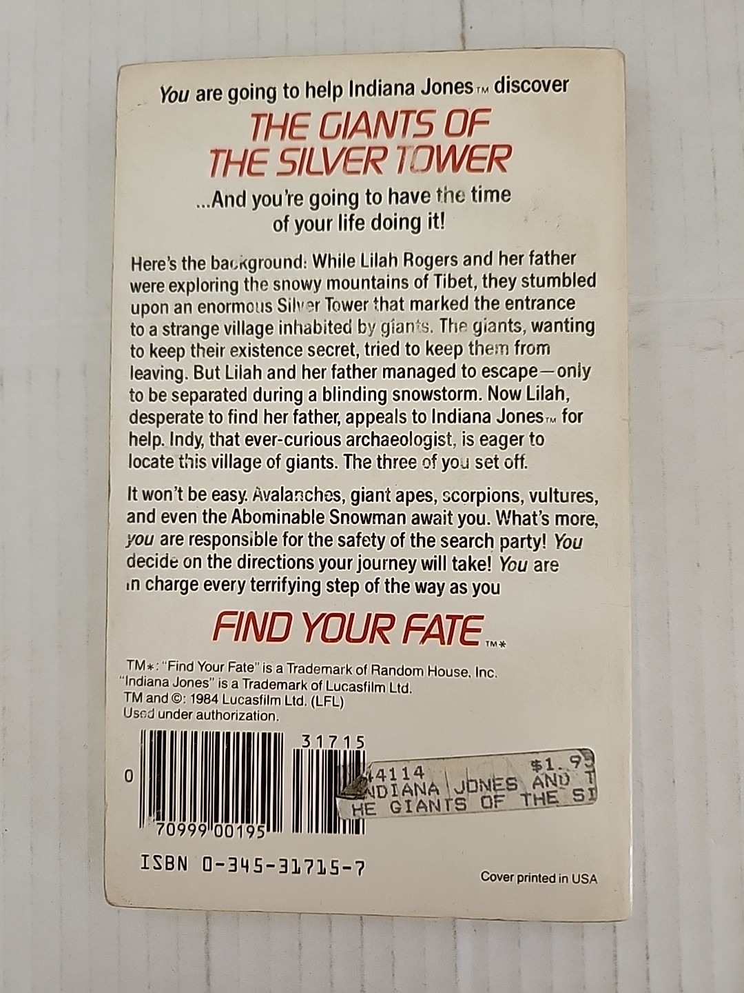 1-7 and 9 Indiana Jones Find Your Fate Adventure books