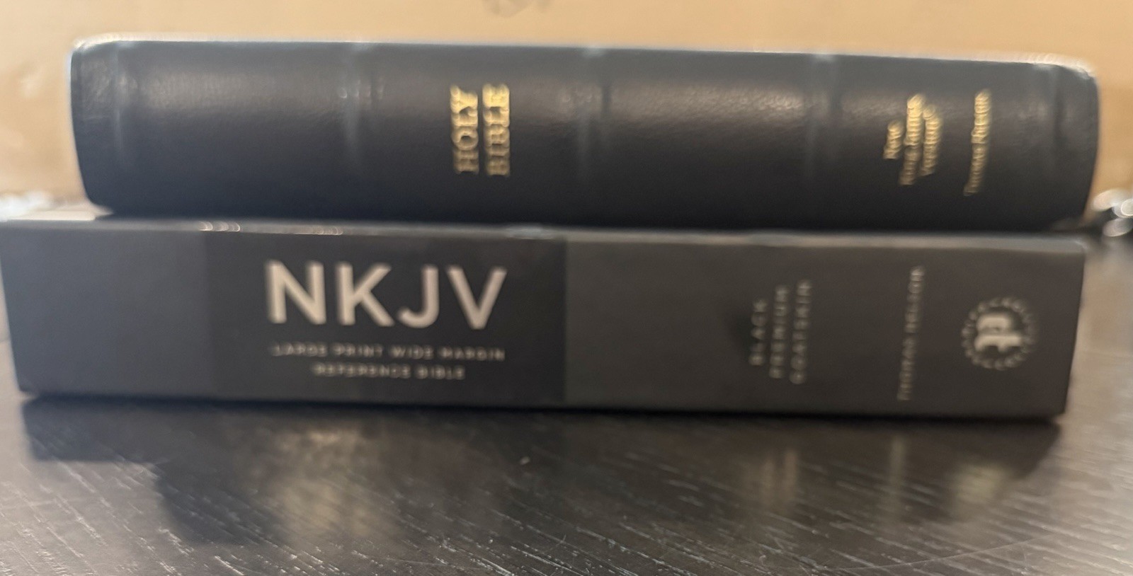 NKJV Large Print Wide Margin reference bible, Nelson Premier, Black Goatskin