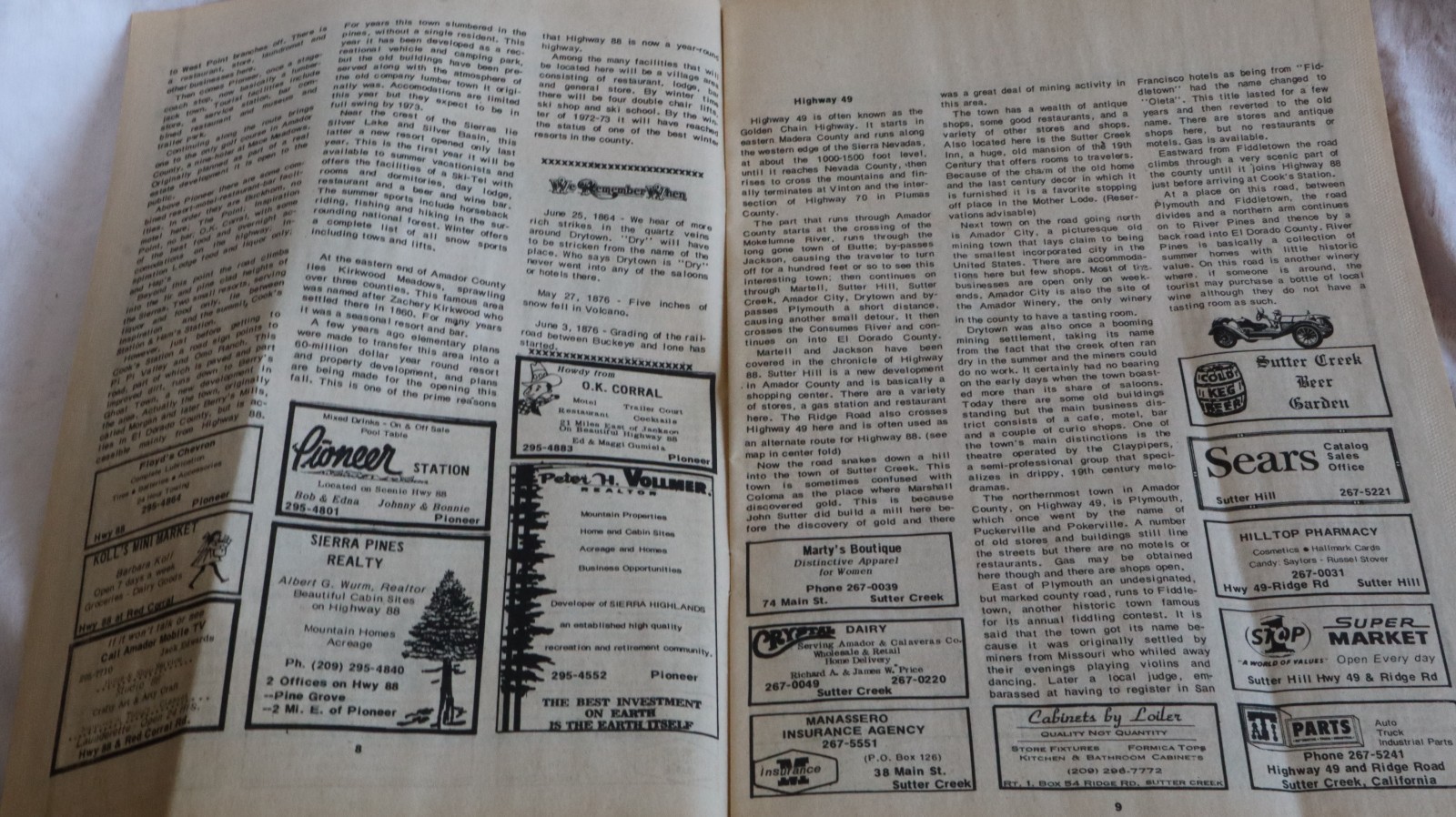 Amador County TRAVEL GUIDE 1972-73 MAPS ADS HISTORY THE MOTHER LODE HWY 88 b1