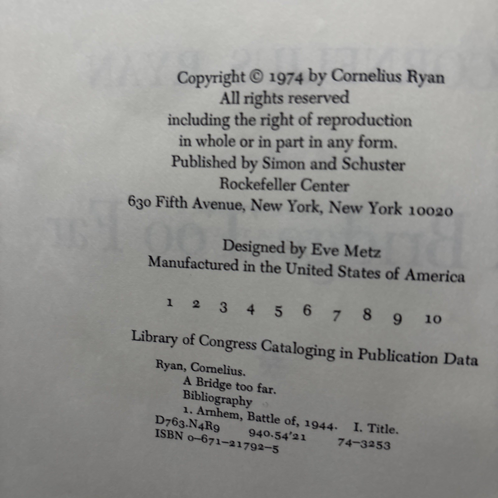 A BRIDGE TOO FAR by Cornelius Ryan 1974 FIRST EDITION hardcover HCDJ