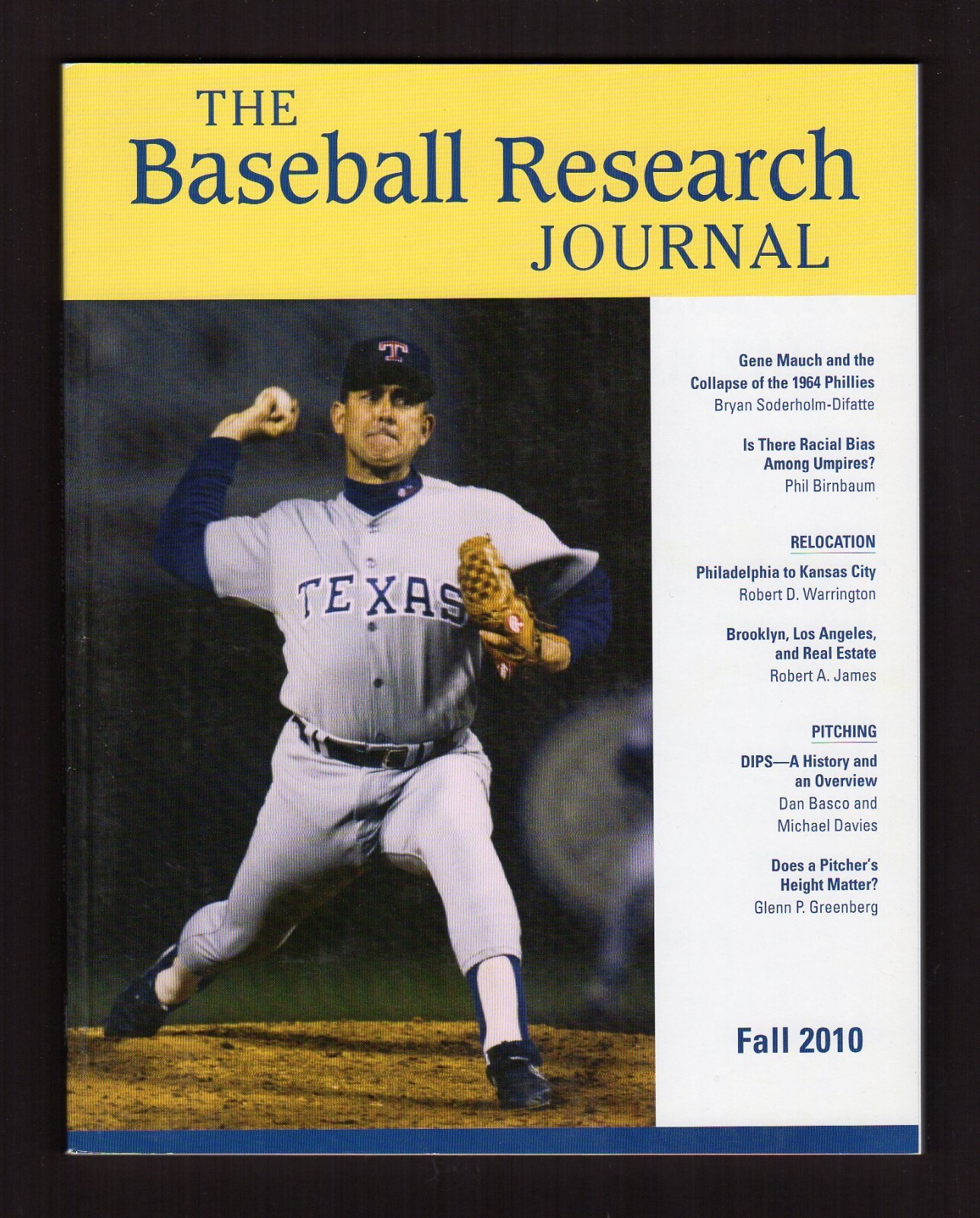 2010 SABR Baseball Research Journal #39-2 (132 pages) RANGERS’ NOLAN RYAN cover