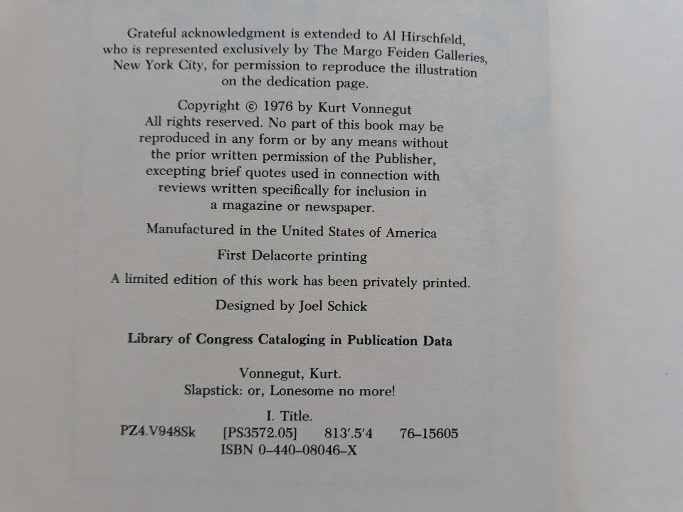 Kurt Vonnegut Slapstick 1976 1st Ed Hardcover Delacorte Press Satire Novel Book