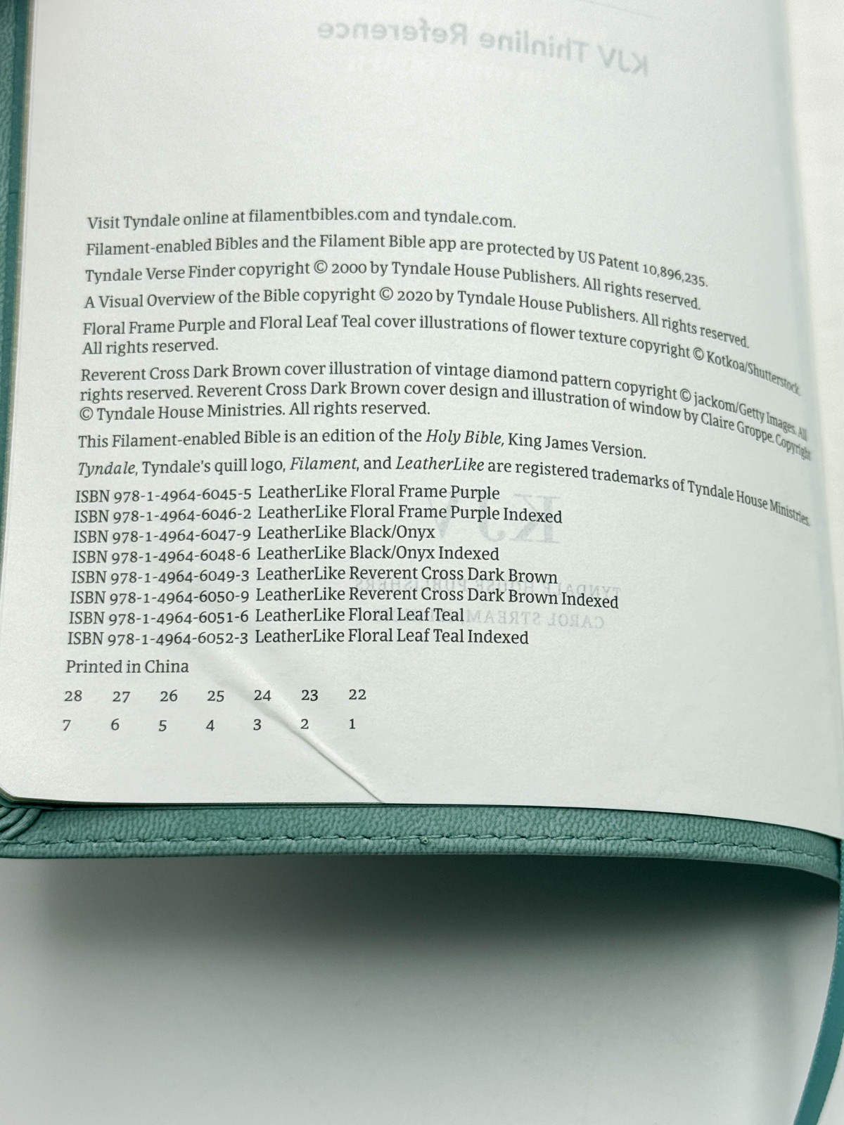 KJV Thinline Reference Bible, Filament LeatherLike, Floral Leaf Teal by Tyndale