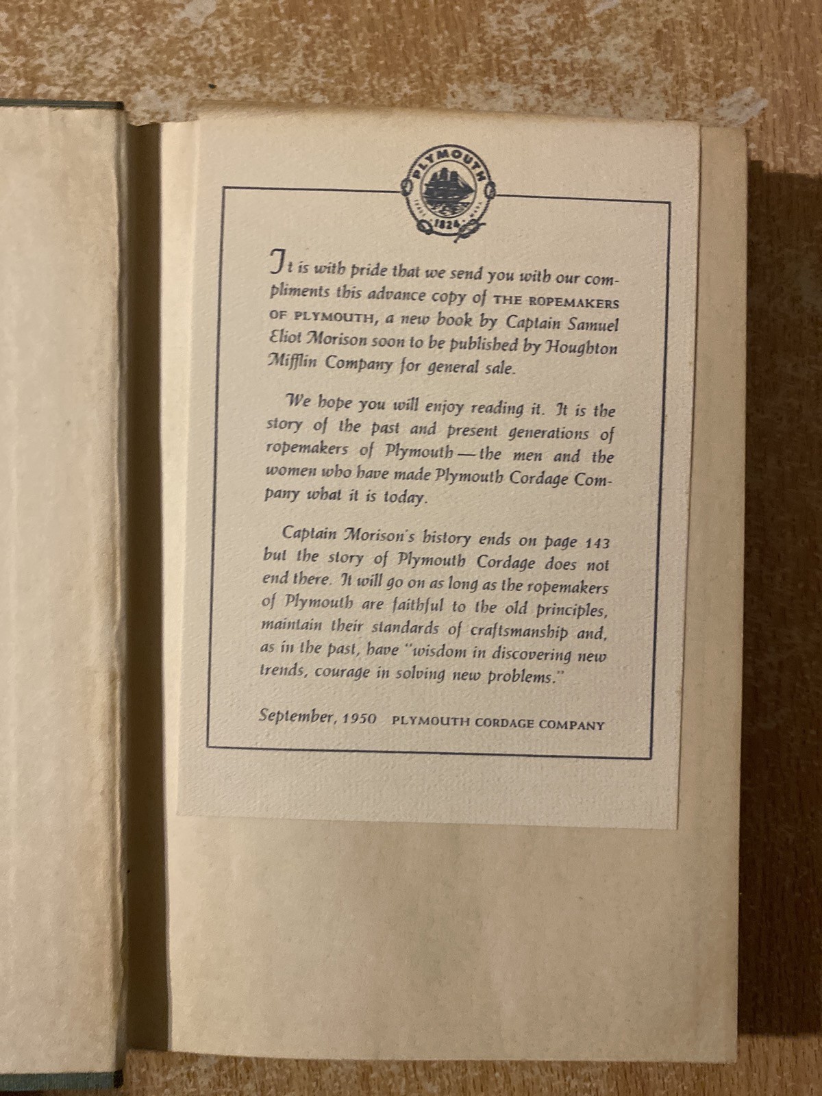 The Ropemakers Of Plymouth by Samuel Eliot Morison (1950 Hardcover)