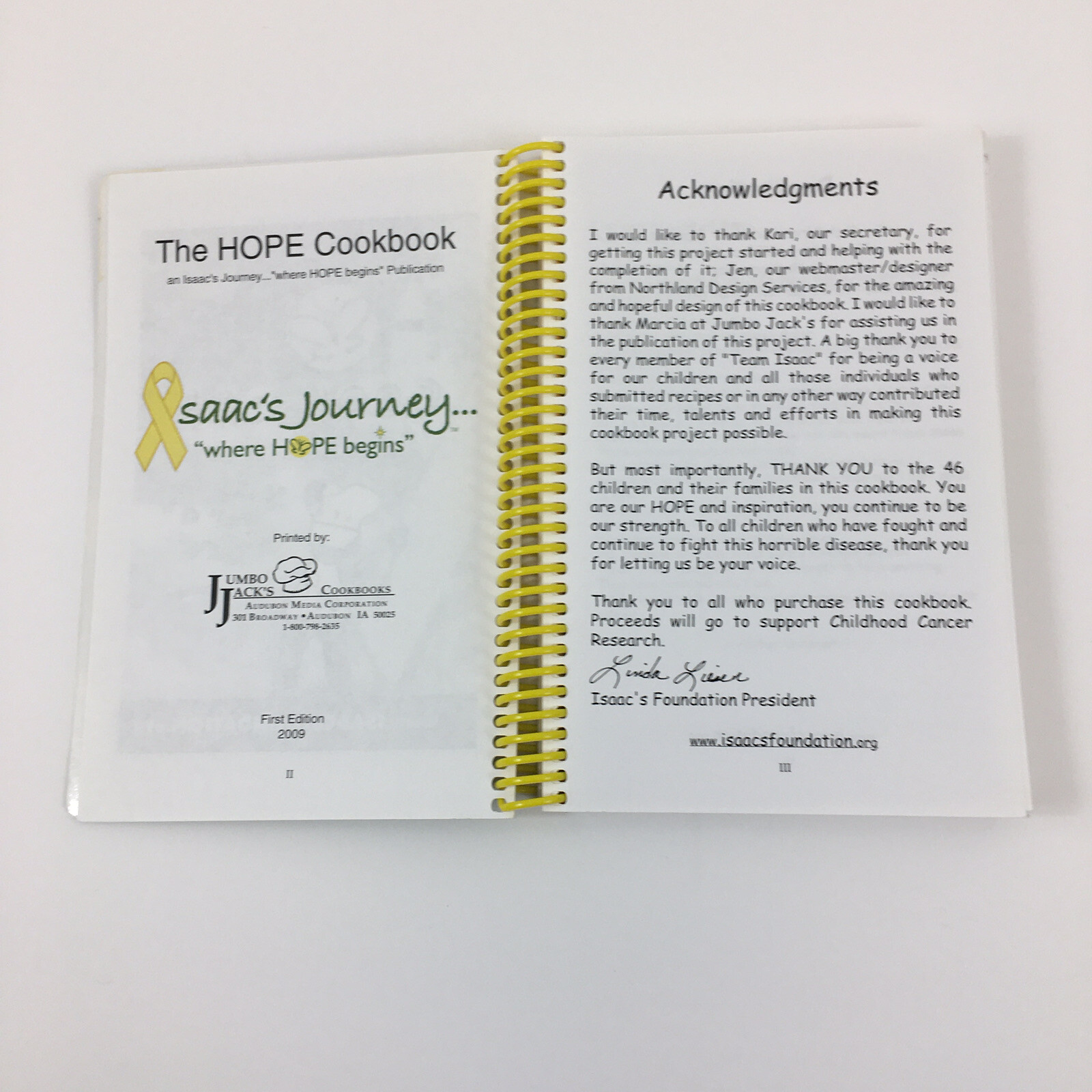 The Hope Cookbook ~ Isaac’s Foundation ~ 1st Ed. 2009, Spiral Bound, 198 Pages
