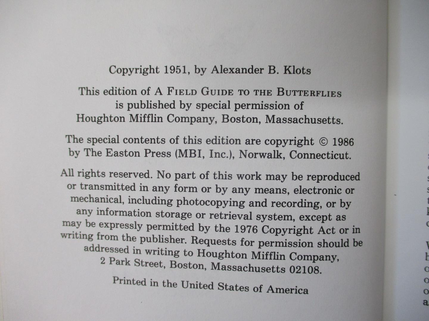 Roger Tory Peterson; FIELD GUIDES, Eastern BUTTERFLIES (1986 H.C. Book) + Ribbon