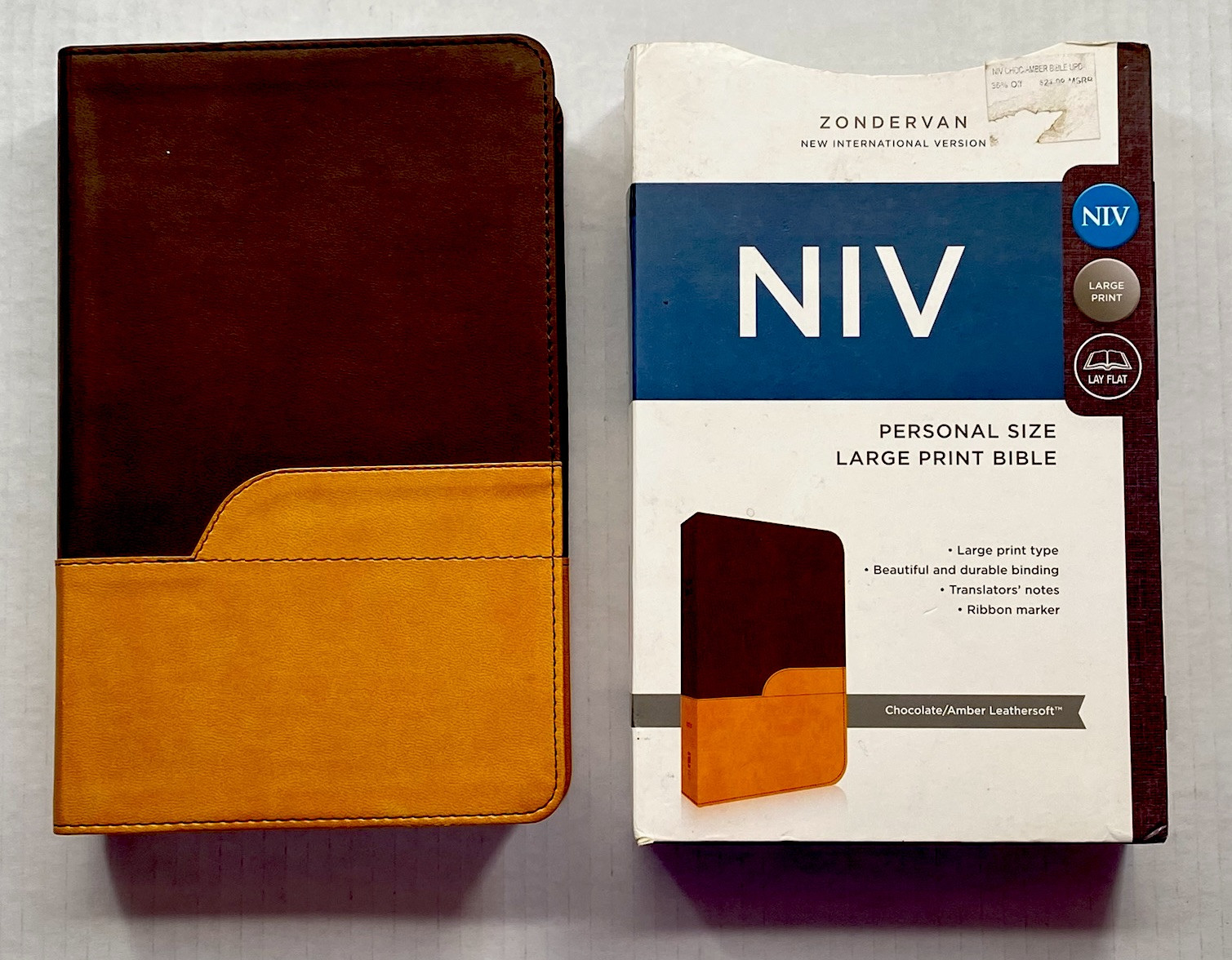 NIV Large Print Bible Leathersoft Chocolate Amber Zondervan Personal Size Ribbon