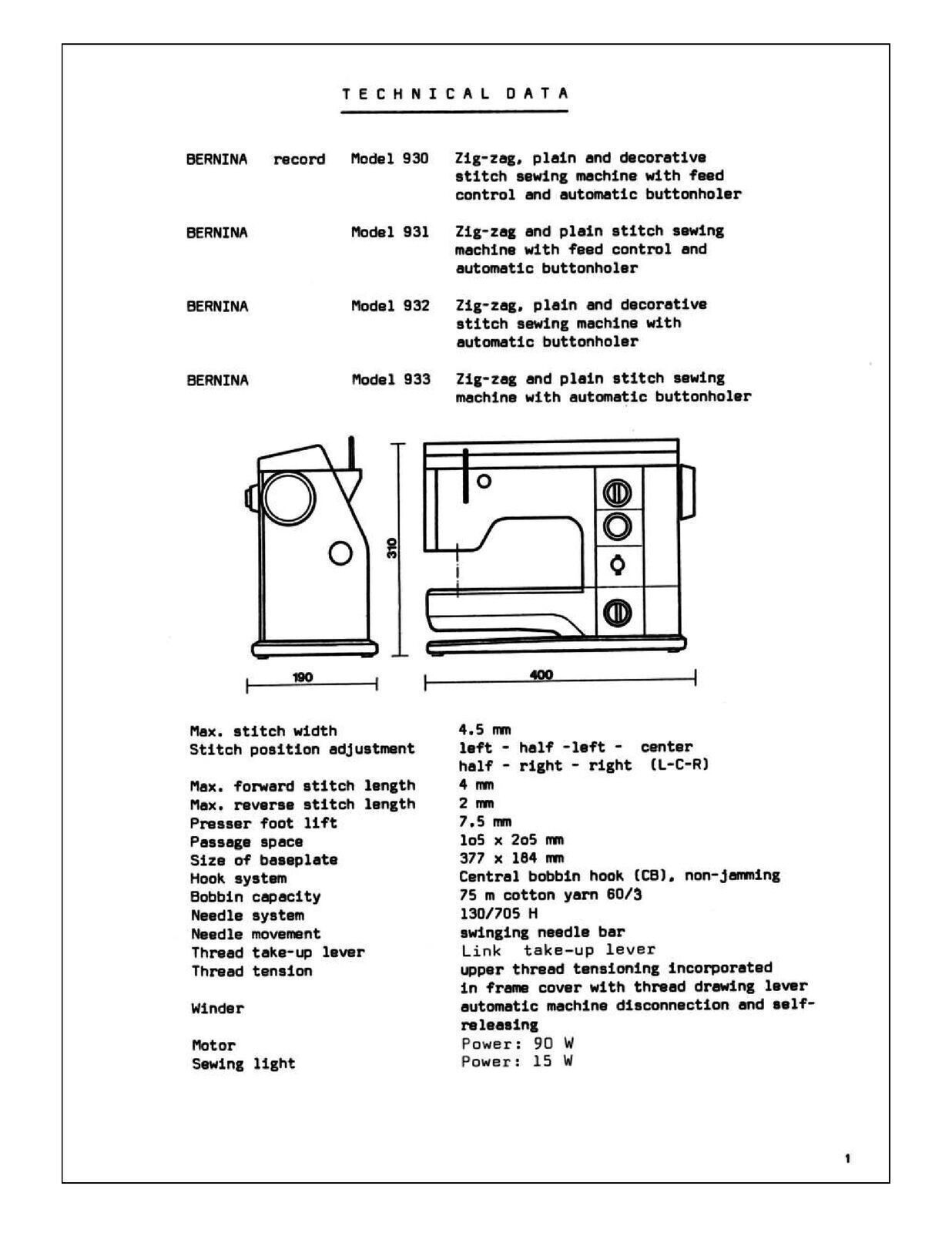 BERNINA 930 Record SERVICE Manual (Not USERS Manual) Guide – STEEL SPIRAL BOUND