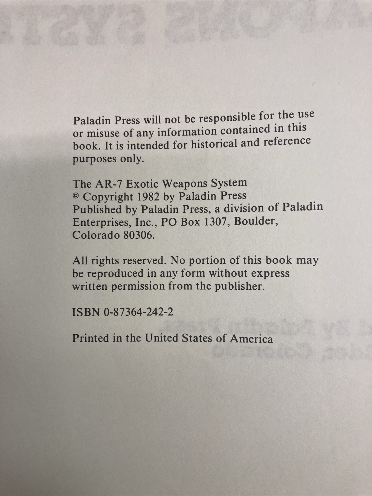 The AR-7 Exotic Weapons System Paperback Paladin Press 1982- decent Condition
