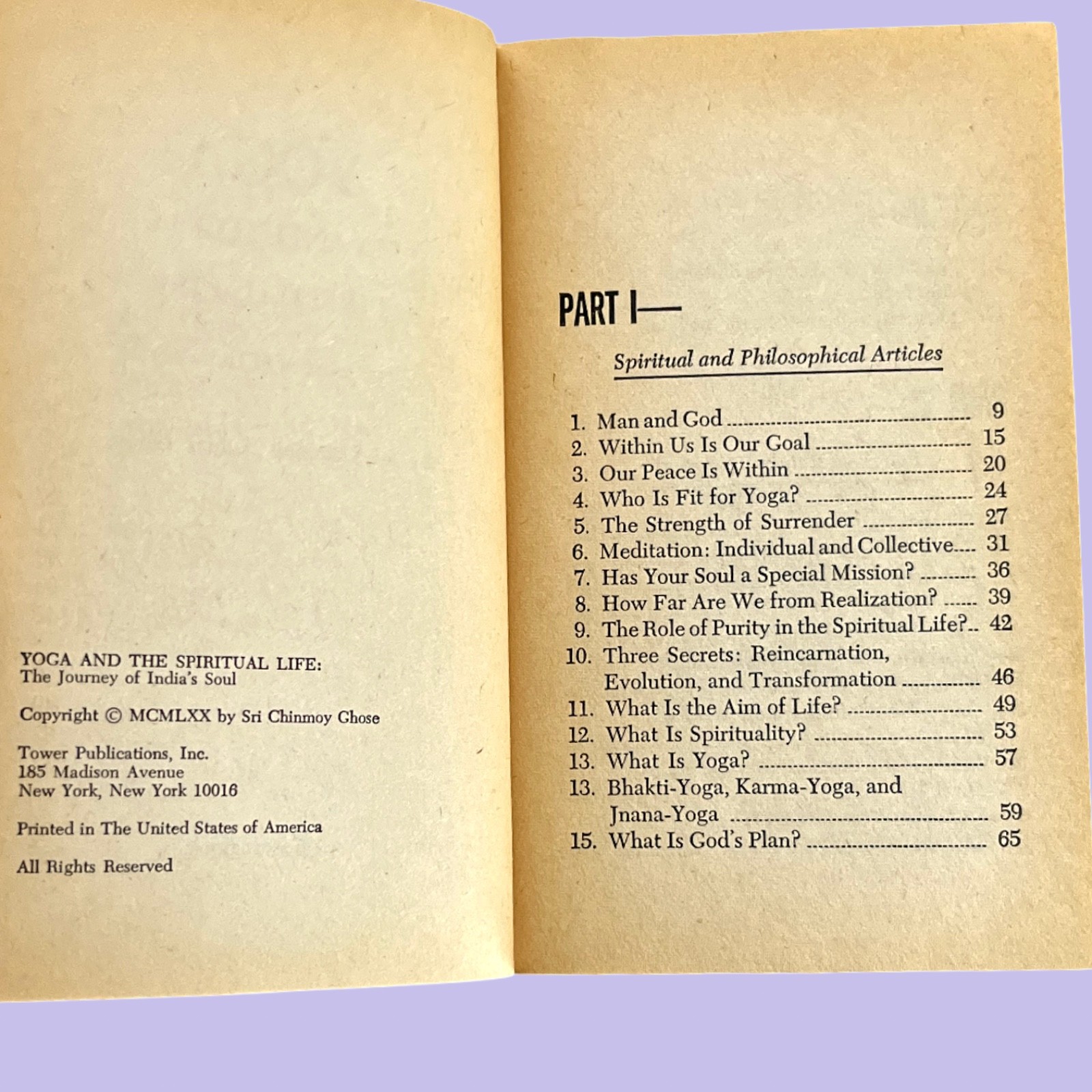 Yoga and the Spiritual Life (1970) Sri Chinmoy Kumar Ghose Tower Publications PB