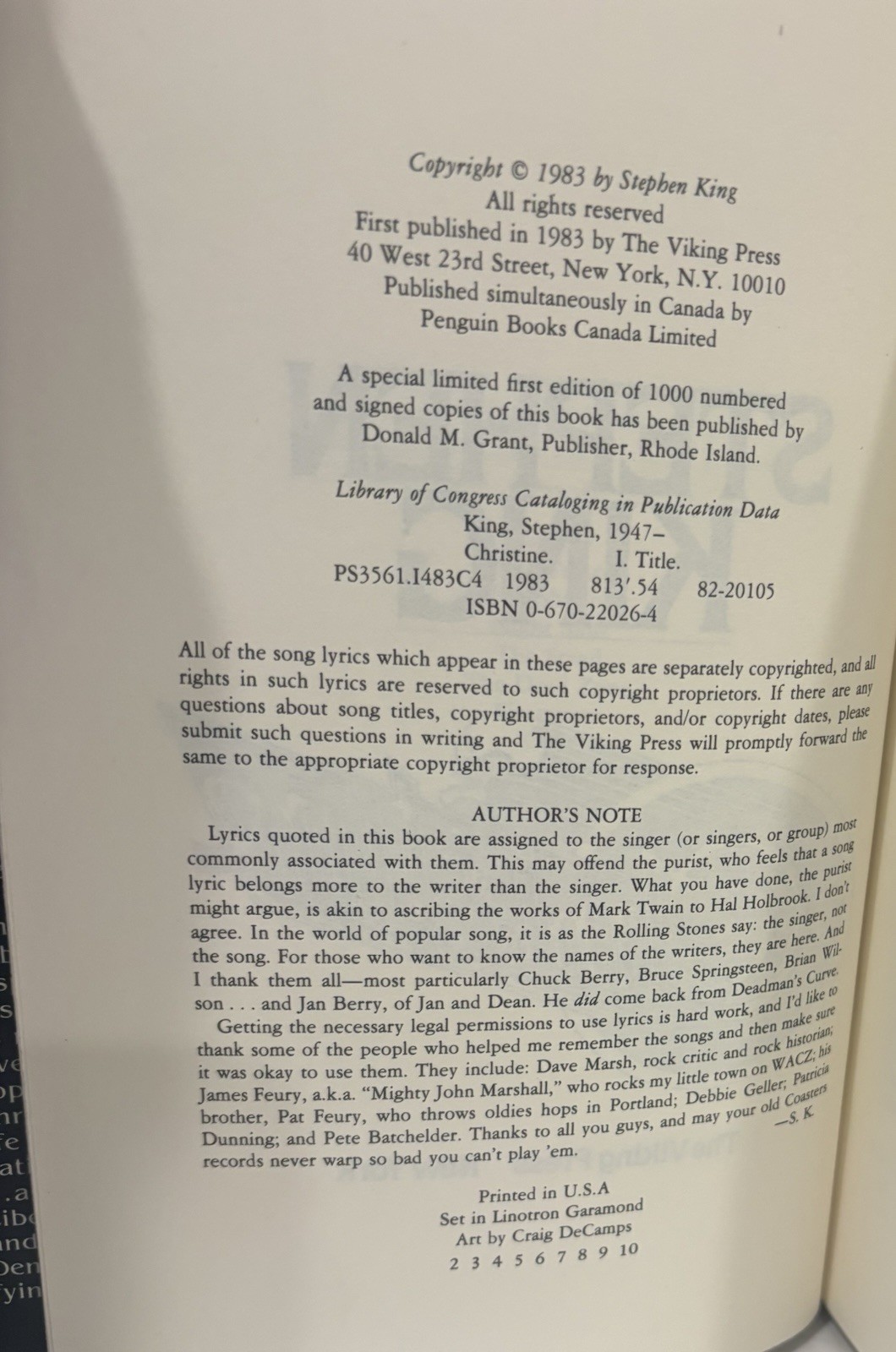 Stephen King Christine First Edition 2nd Printing 1983 VIKING Press
