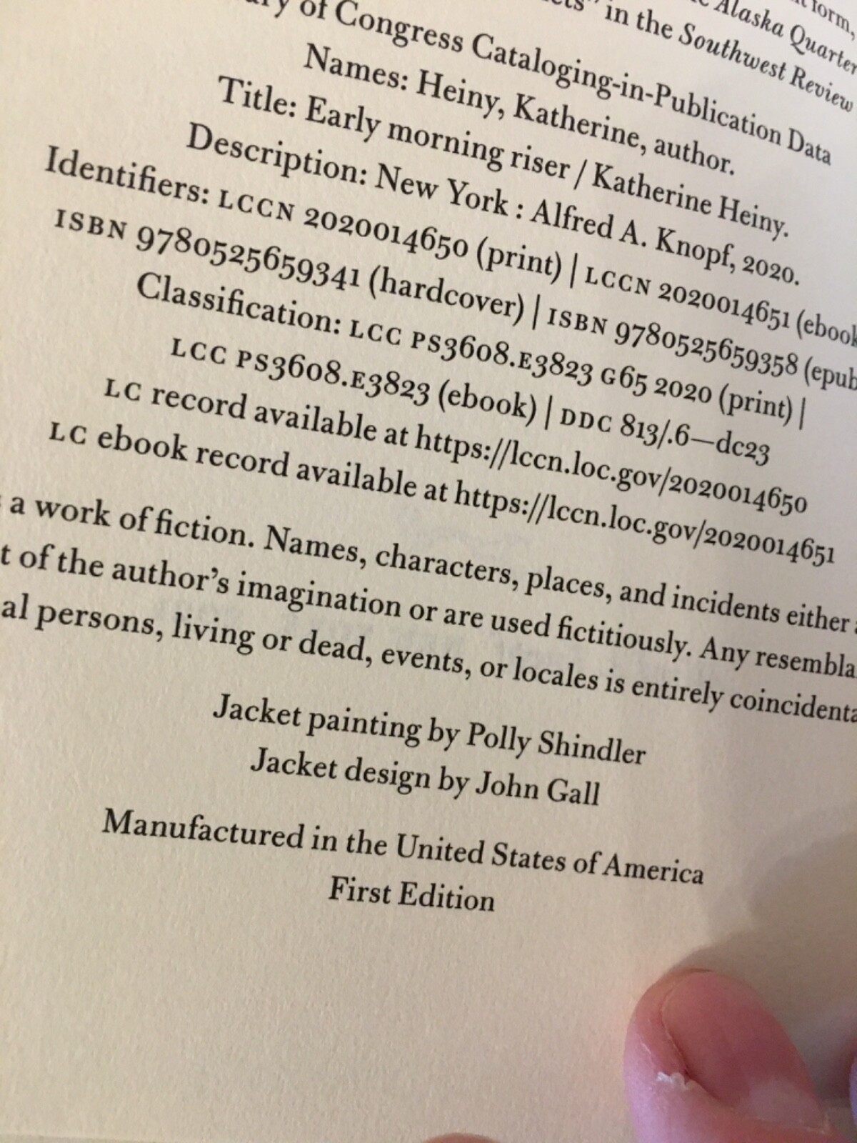 Early Morning Riser. Katherine Heiny 1st HC Ptg. Knopf 2021. Fine Unread