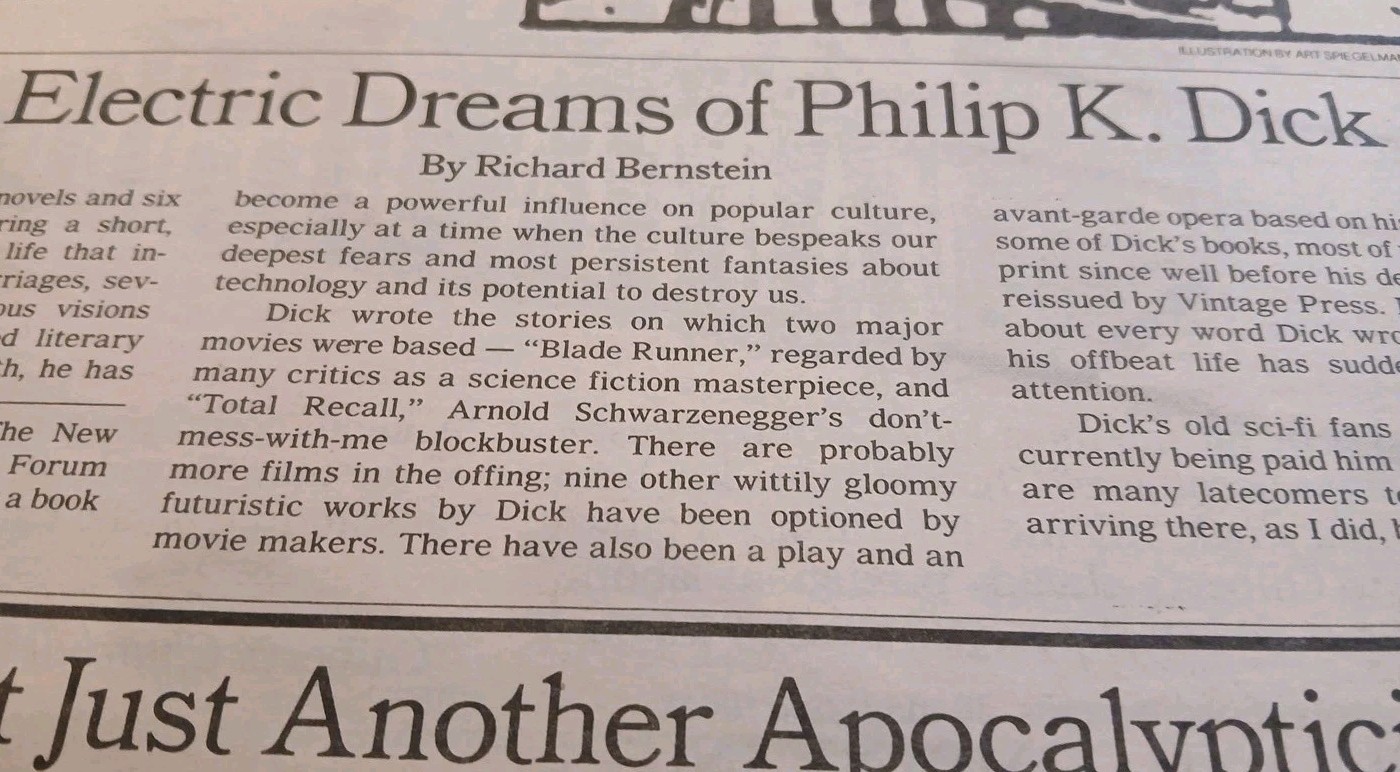 PHILIP K. DICK Electric Dreams 4-pg article NY Times Book Review 11/3/91 RARE VG