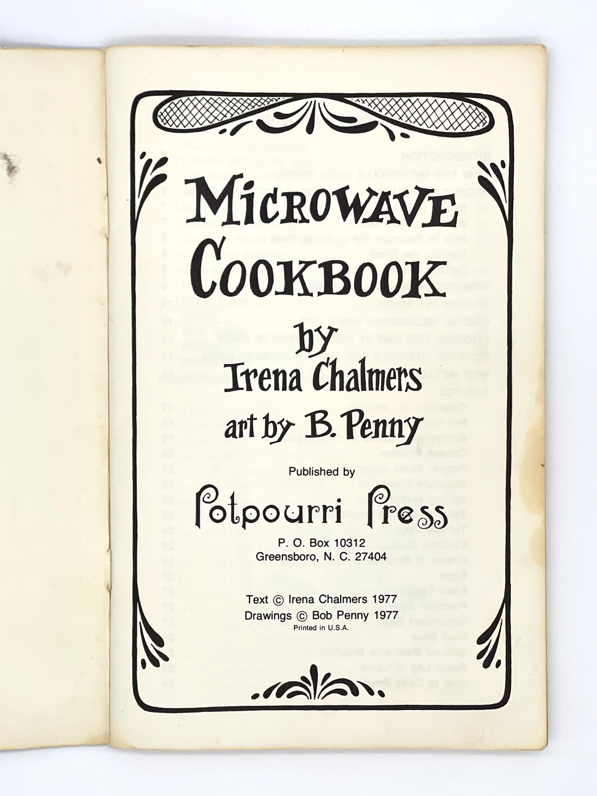 Microwave Cookbook Recipes by Irena Chalmers Potpourri Press 1977- 48 pages