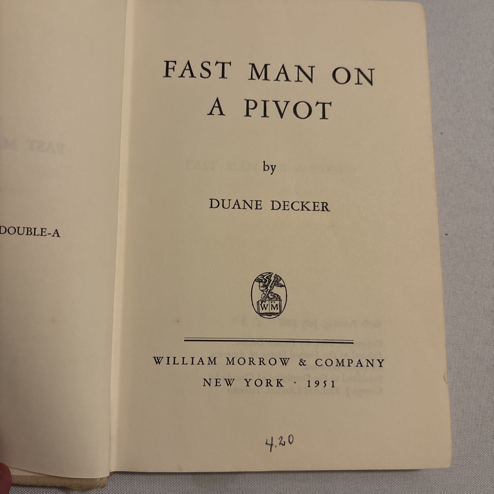 “Fast Man On A Pivot” By Duane Decker Published By William Morrow (HC 1968) RARE