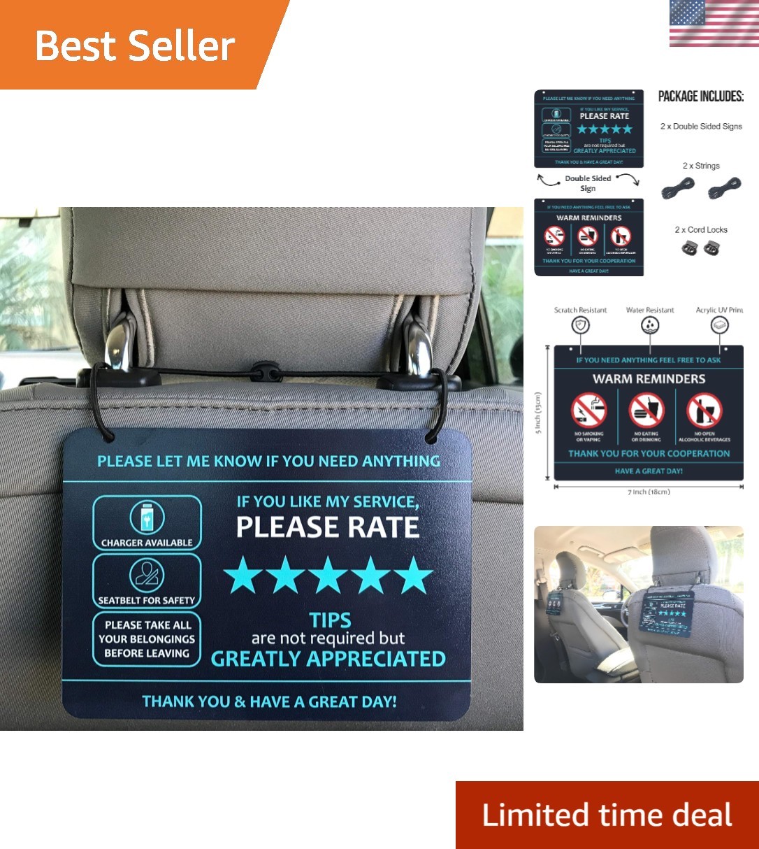 Water-Resistant Rideshare Headrest Signs – Enhance Tips & Maintain Cleanliness