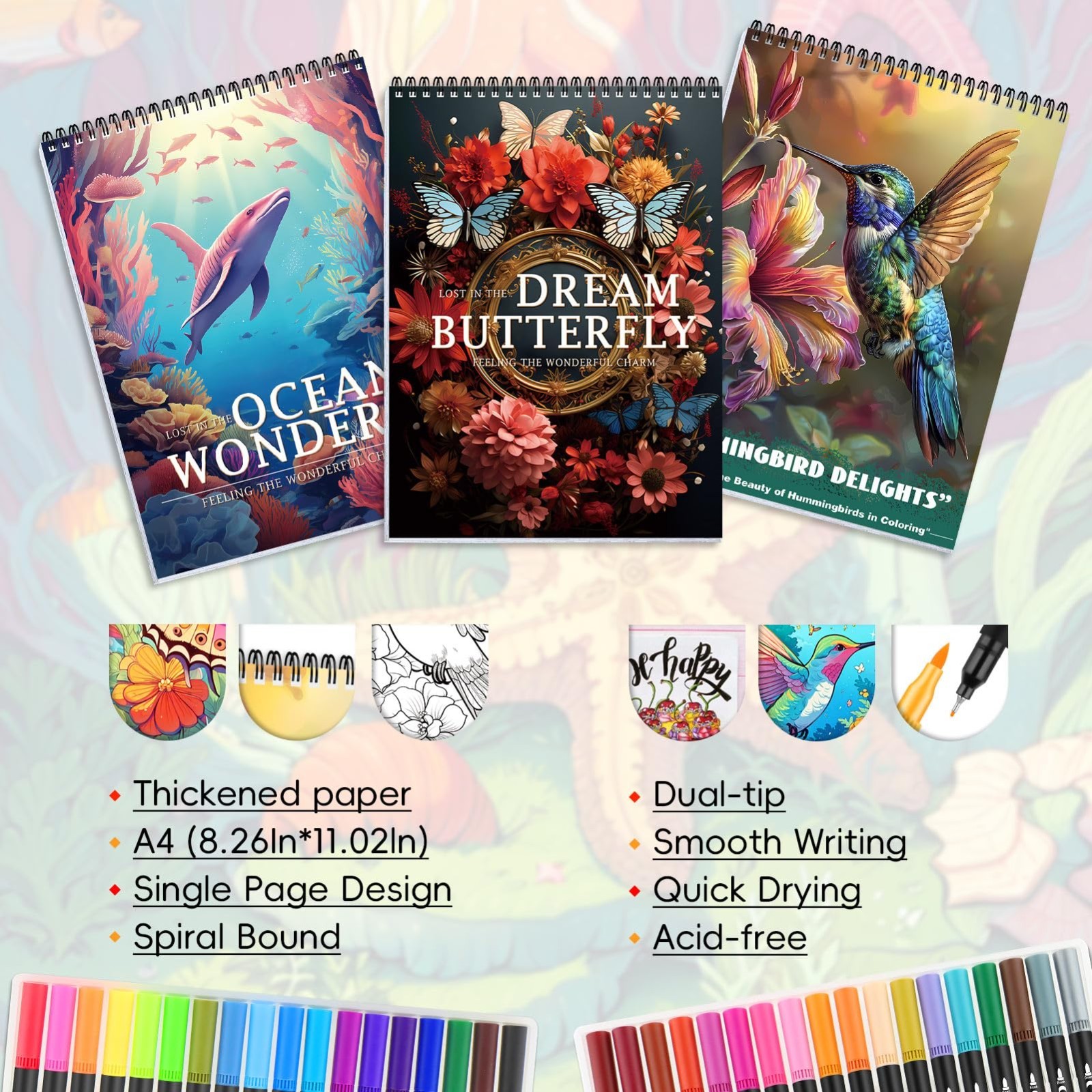 3Pcs Adult Coloring Book Set for Relaxation – 36 Dual Tip Markers, Mindfulness G