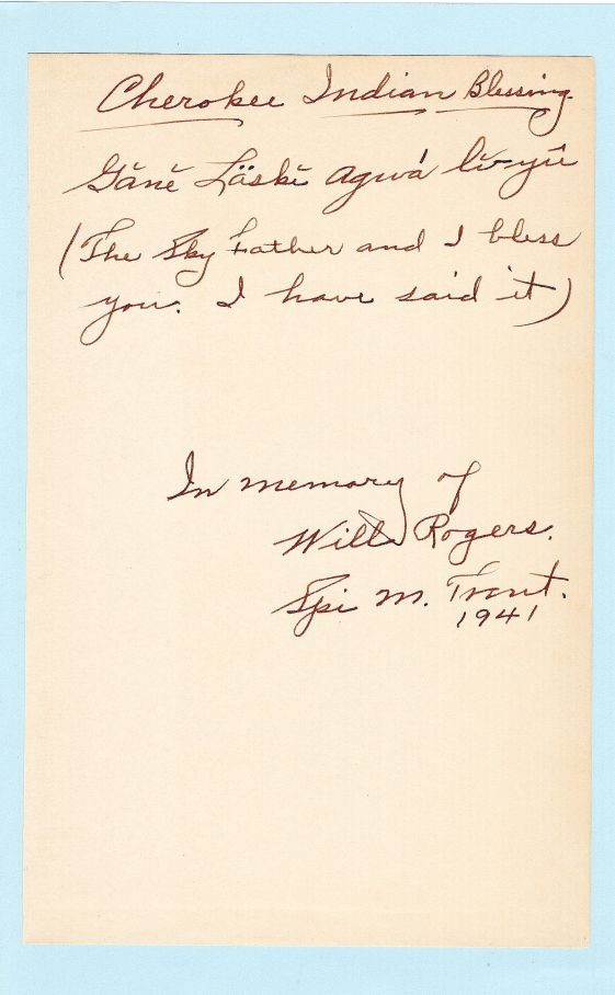 “My Cousin WILL ROGERS” by Spi M. Trent, signed handwritten letter (in Cherokee)