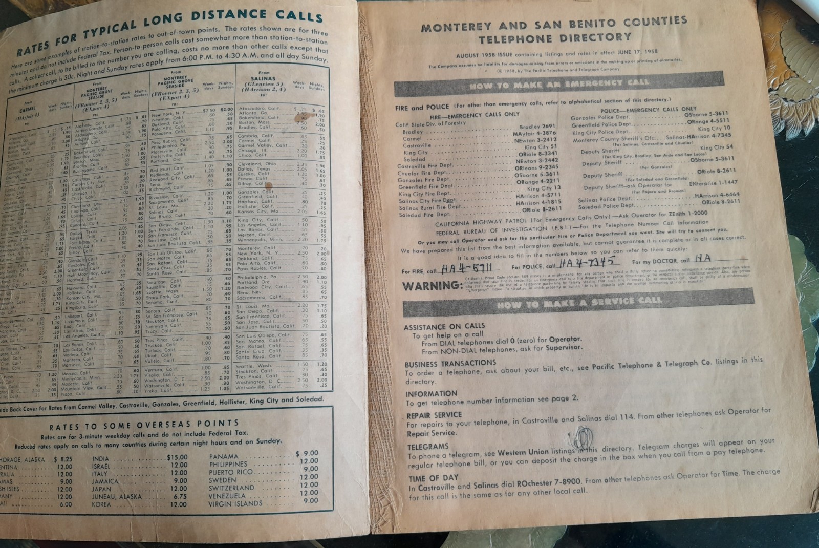MONTEREY SAN BENITO TELEPHONE DIRECTORY YELLOW PAGES AUG 1958 PAC-BELL FREE SHIP