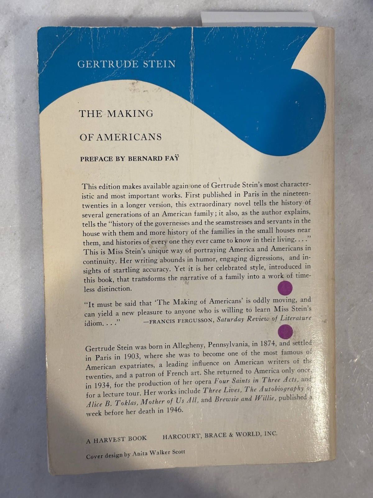 Gertrude Stein The Making of Americans Paperback Harvest Book 1962 3rd Printing