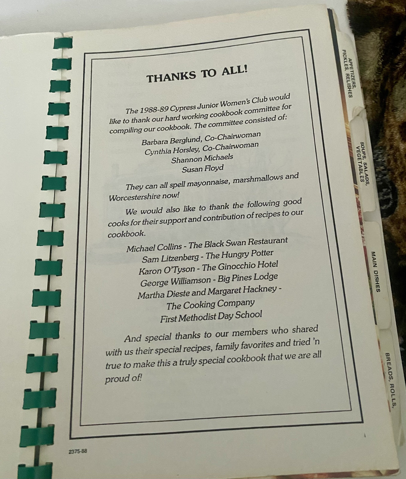 VTG Cypress Junior Women’s Cookbook 1988- 1989 Harrison County Texas 140 Pages