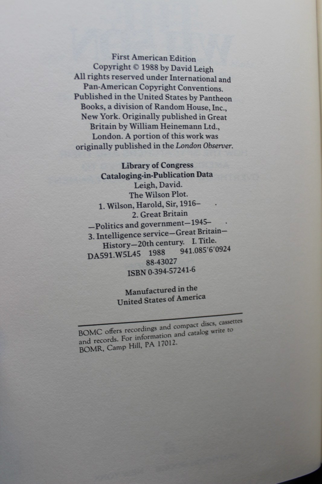 The Wilson Plot David Leigh 1988 British Politics First American Edition