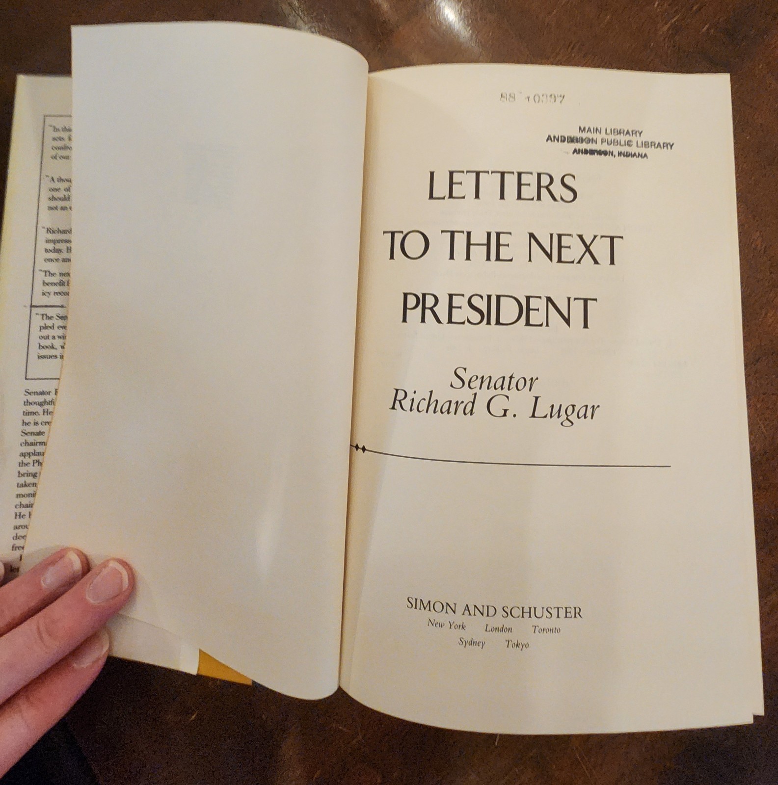 Richard G. Lugar Letters to the Next President Signed Inscribed HC DJ 1988