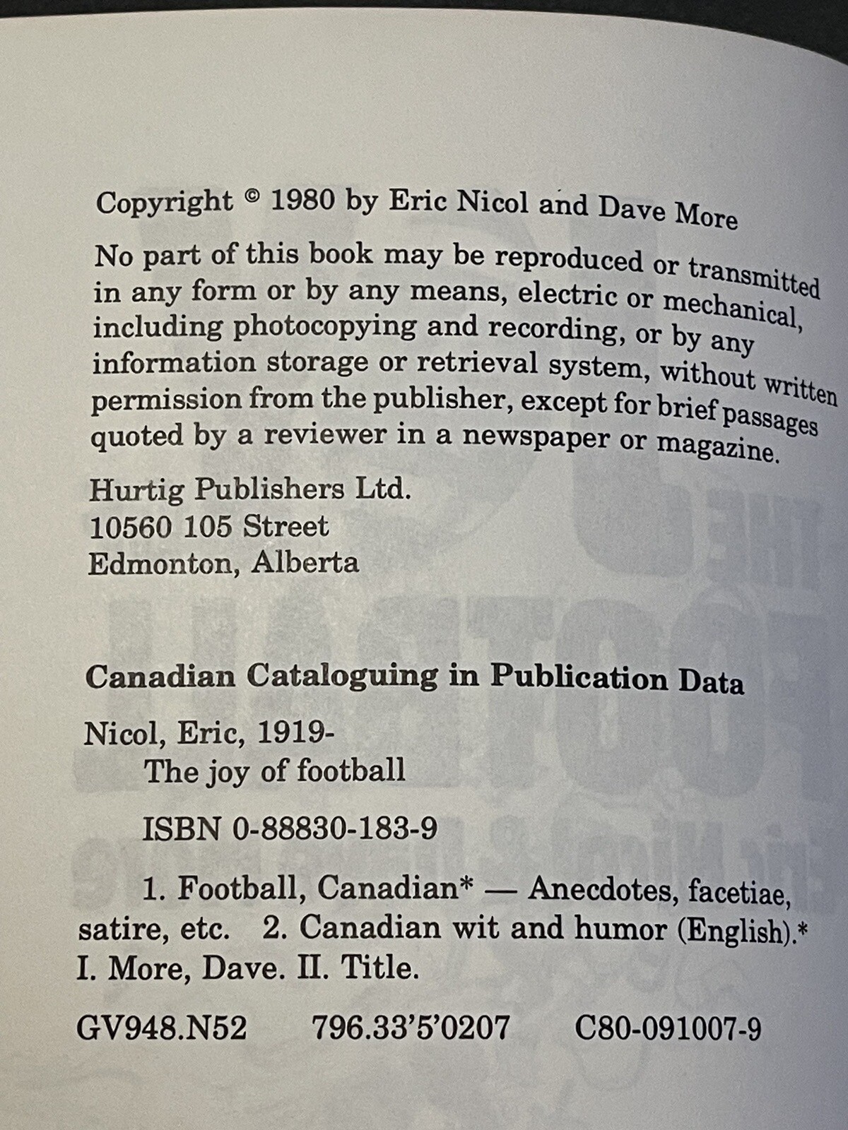 The Joy Of Football By Eric Nicol & Dave Moore Humor Canadian 1980 FIRST EDITION
