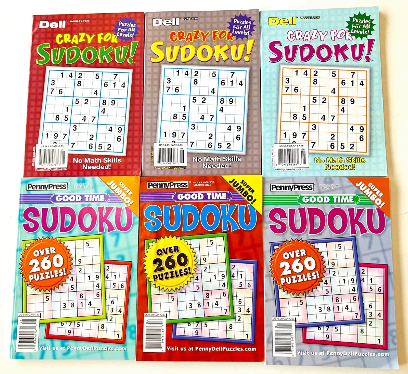 NEW Lot 6 Penny Press Dell Good Time Crazy For Sudoku Puzzle Books 260 In Each!