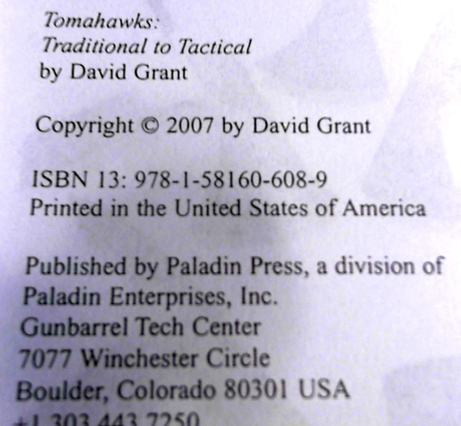 Tomahawks Traditional to Tactical by David Grant LIKE NEW ~ A PALADIN PRESS Book