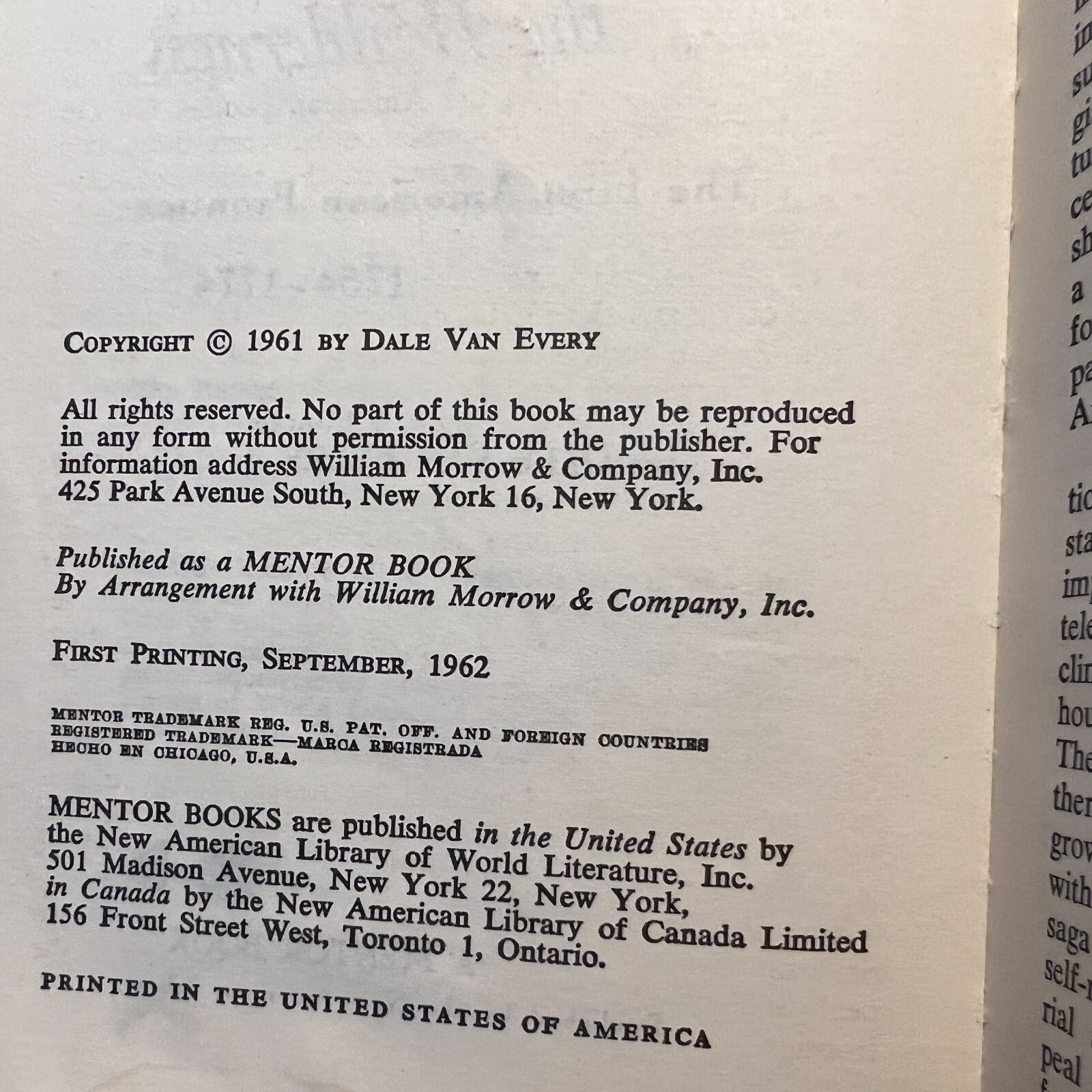 Forth To The Wilderness Frontier Paperback Book by Dale Van Every Mentor 1962