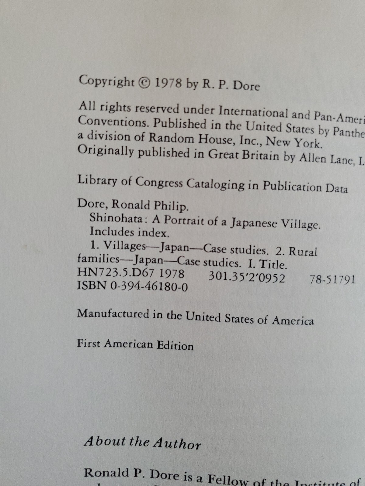 SHINOHATA A Portrait of a Japanese Village by Ronald P Dore HC 1st AM ED 1978