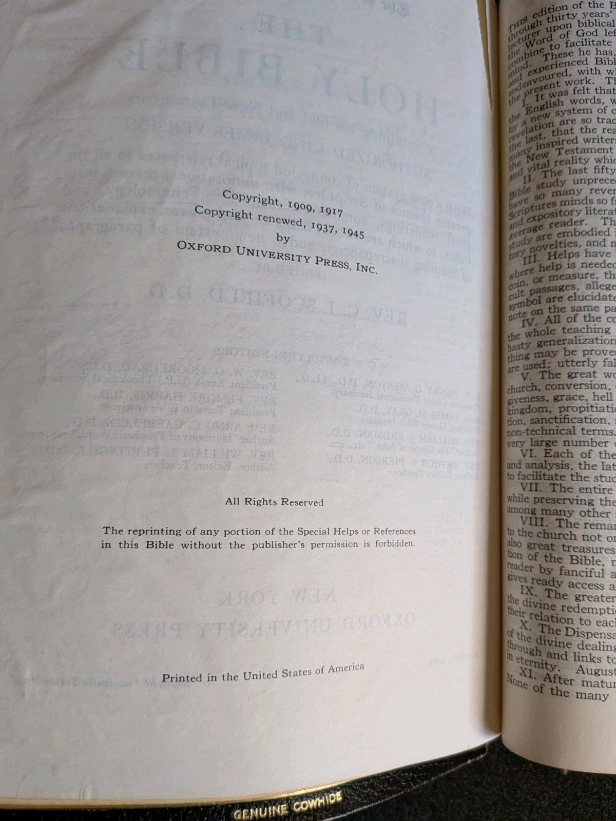 Holy Bible Scofield Reference Edition, 1945 Leatherbound, Indexed Oxford Press