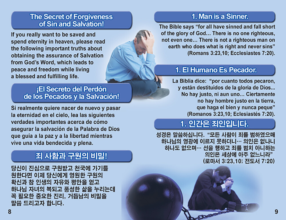 ENGLISH/SPANISH/KOREAN, 3 Language Tracts-Pack of 40 in 4 Covers, 24 Pages Each