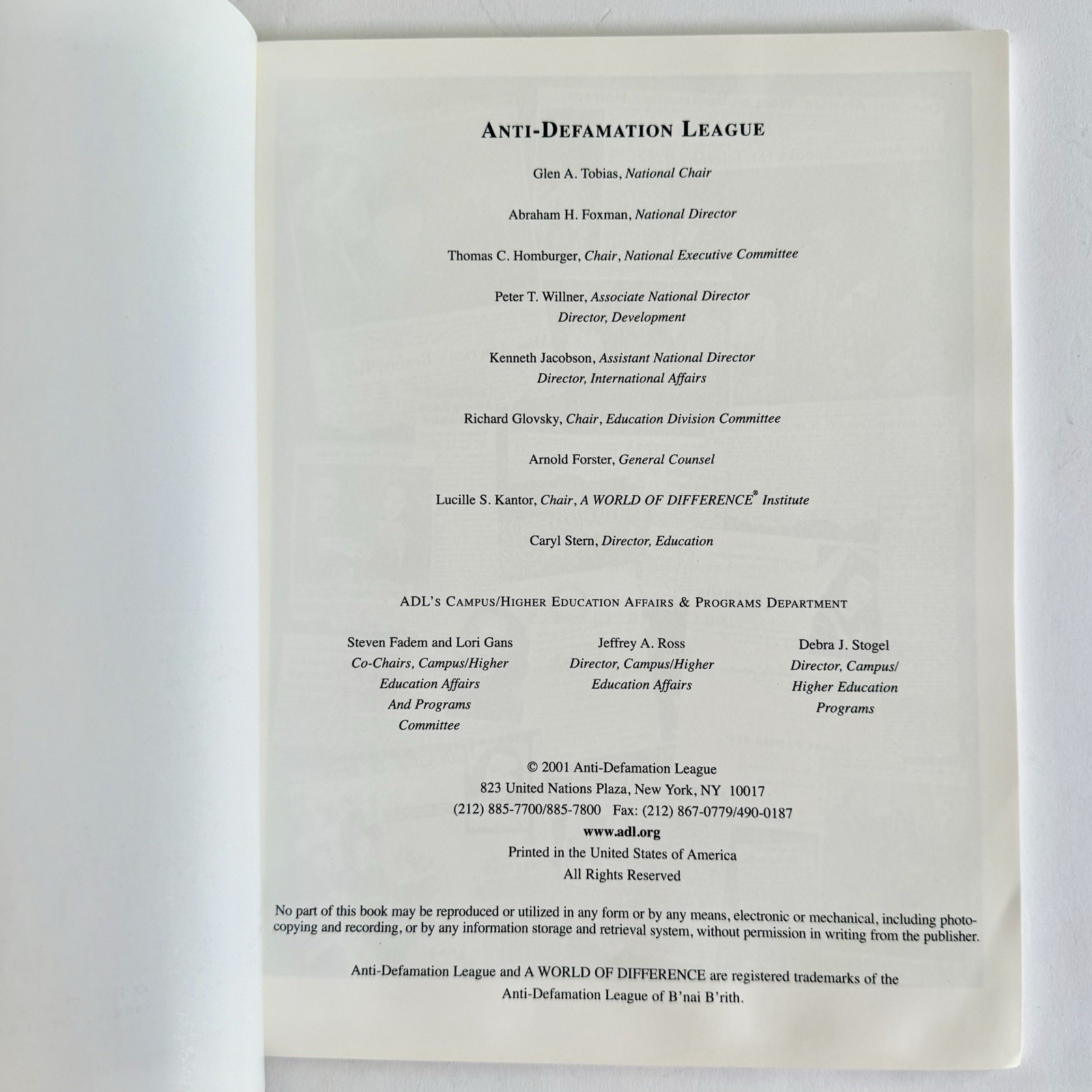 2001 Annual Anti-Defamation League Bess Myerson Campus Journalism Awards Present